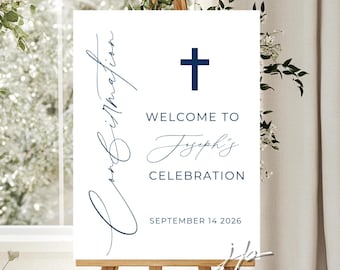 Boys Navy Blue Confirmation Welcome Sign Modern Cross Confirmation Party Template Editable Entrance Decor Board Canva Digital Download
