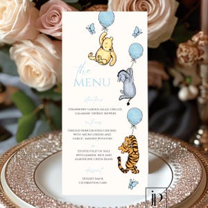 Vintage Pooh & Friends babyshower menukaart jongen blauwe ballonnen 1e verjaardag menusjabloon bewerkbare Winnie de Poeh voedselkaart downloaden