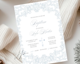 Invitación de bautismo de toile azul, plantilla editable vintage para bautizo de niño, invitación para fiesta de bautizo con cruz china para Canva.