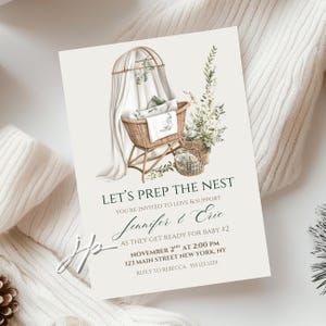Vintage bébé couffin gigogne invitation fête Boho préparons le nid modèle d'invitation aquarelle verdure modifiable téléchargement numérique sur toile