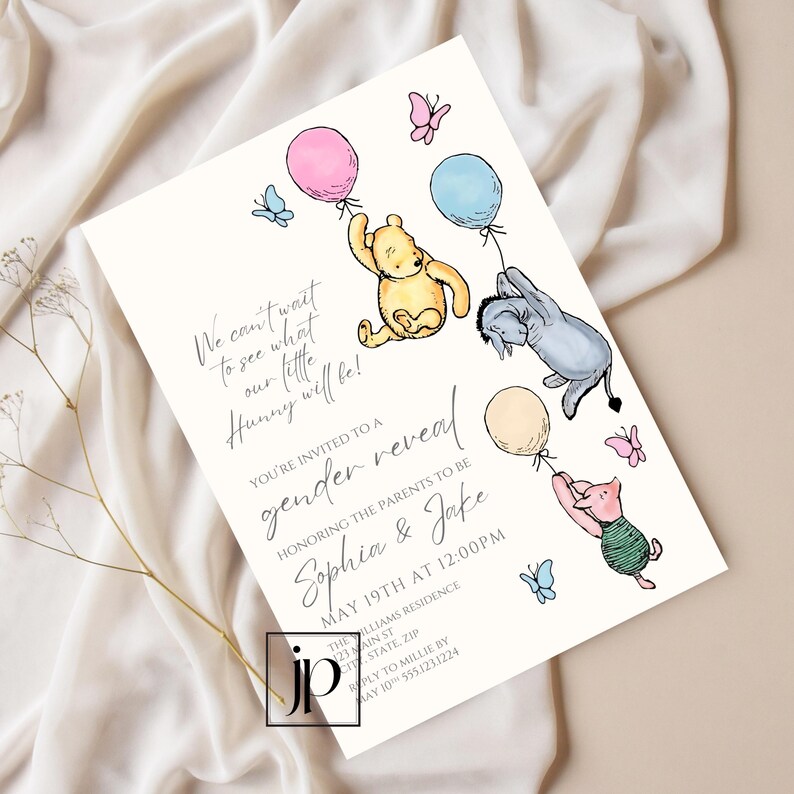 classic winnie the pooh and friends gender reveal party invite template for Canva