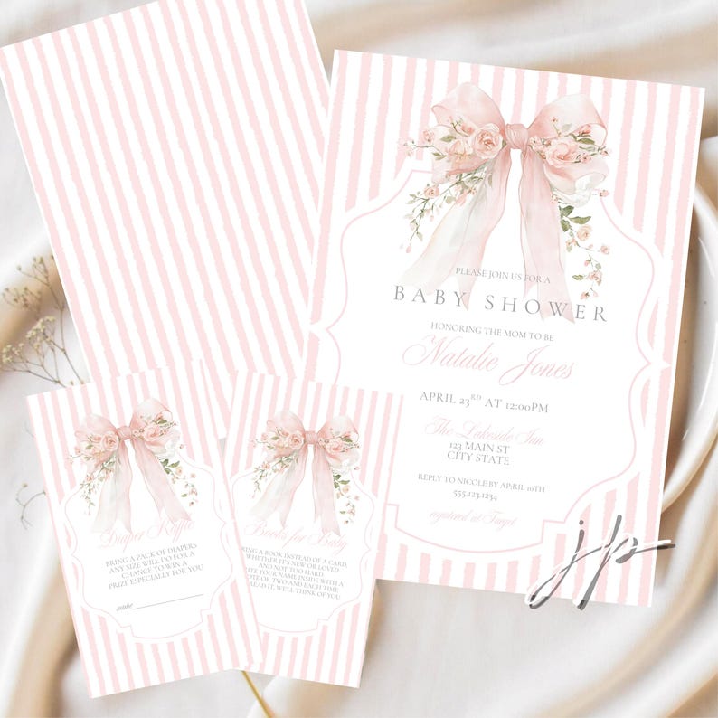 Pink Floral Bow Baby Shower Bundle Editable Girl Vintage Stripes Invite ...
