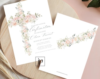 Girls Confirmation Invite Pink Floral Cross Invitation Template Editable Confirmation Party Invite for Canva Religious Celebration Download