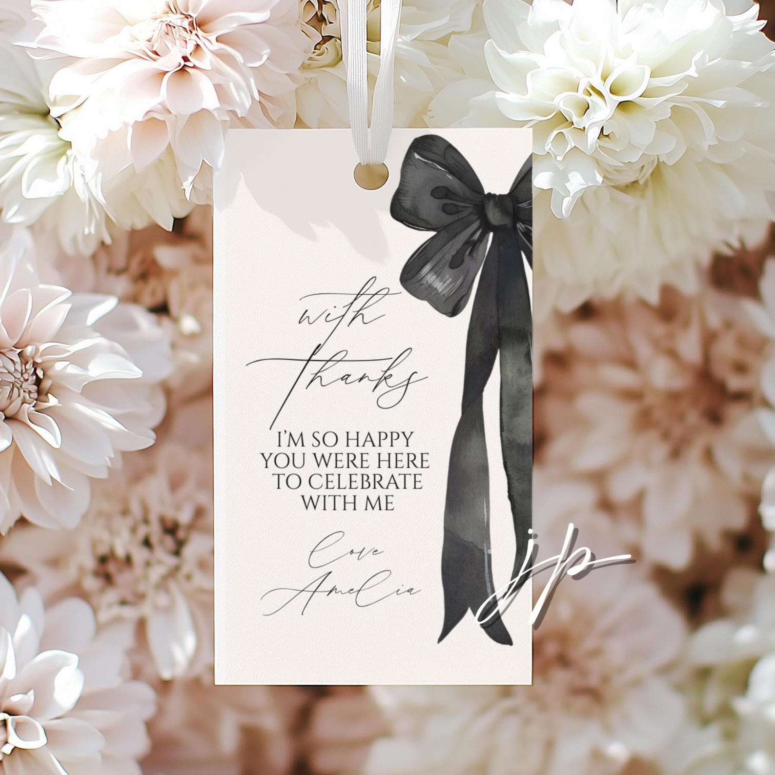 Black Bow & Ribbons Thank You Tag Template Editable Coquette Bridal ...