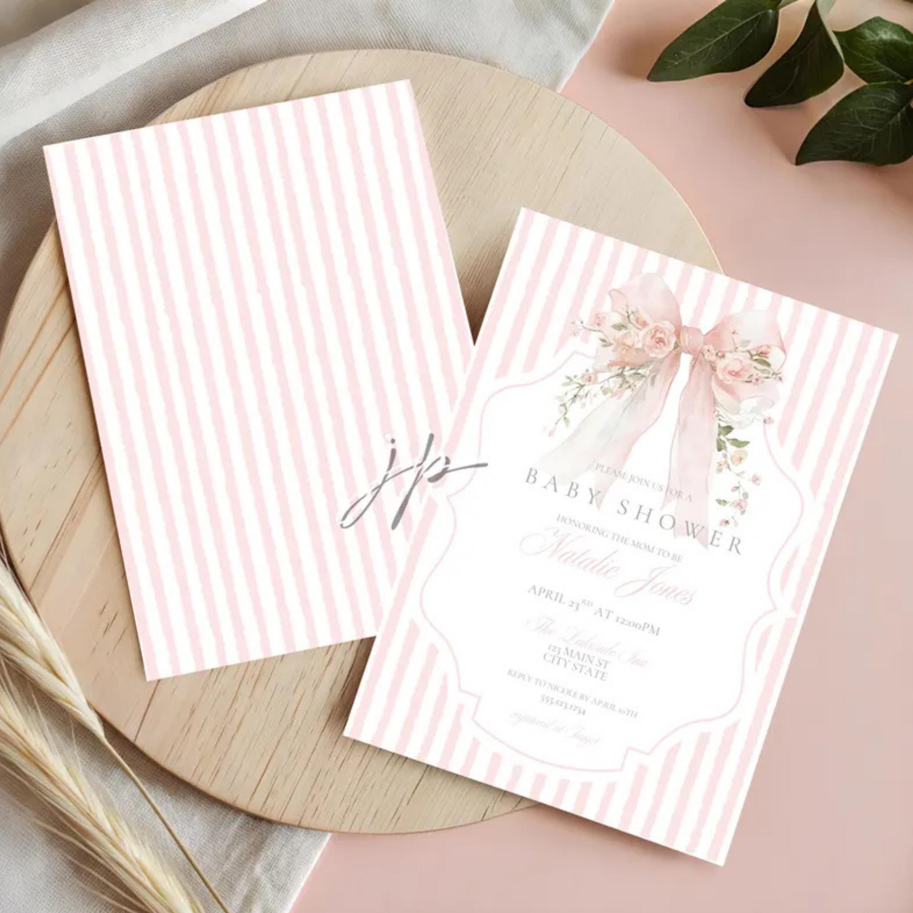 Pink Floral Bow Baby Shower Bundle Editable Girl Vintage Stripes Invite ...