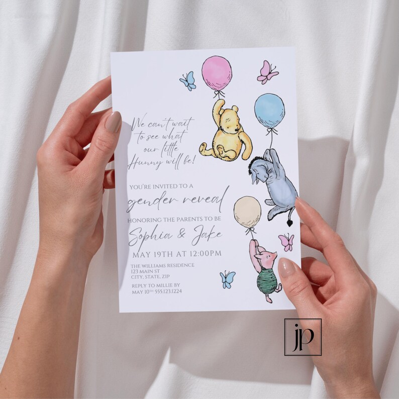 May include: A gender reveal invitation featuring Winnie the Pooh characters with balloons and butterflies. The invitation text reads, "We can't wait to see what our little Hunny will be!" and invites guests to a gender reveal for Sophia & Jake.