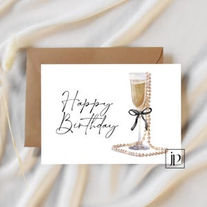 Tarjeta de cumpleaños imprimible con Prosecco y perlas, tarjeta de felicitación con lazo negro, elegante tarjeta de cumpleaños para mejor amiga, interior en blanco, descarga