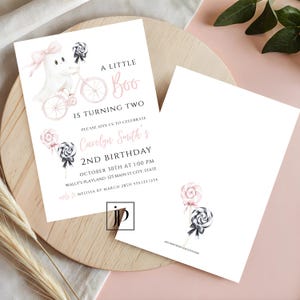 Little Boo Turning Two Birthday Invite Girls Halloween 2nd Birthday Party Invitation Template Cute Pink Coquette Bow Ghost Invite Download