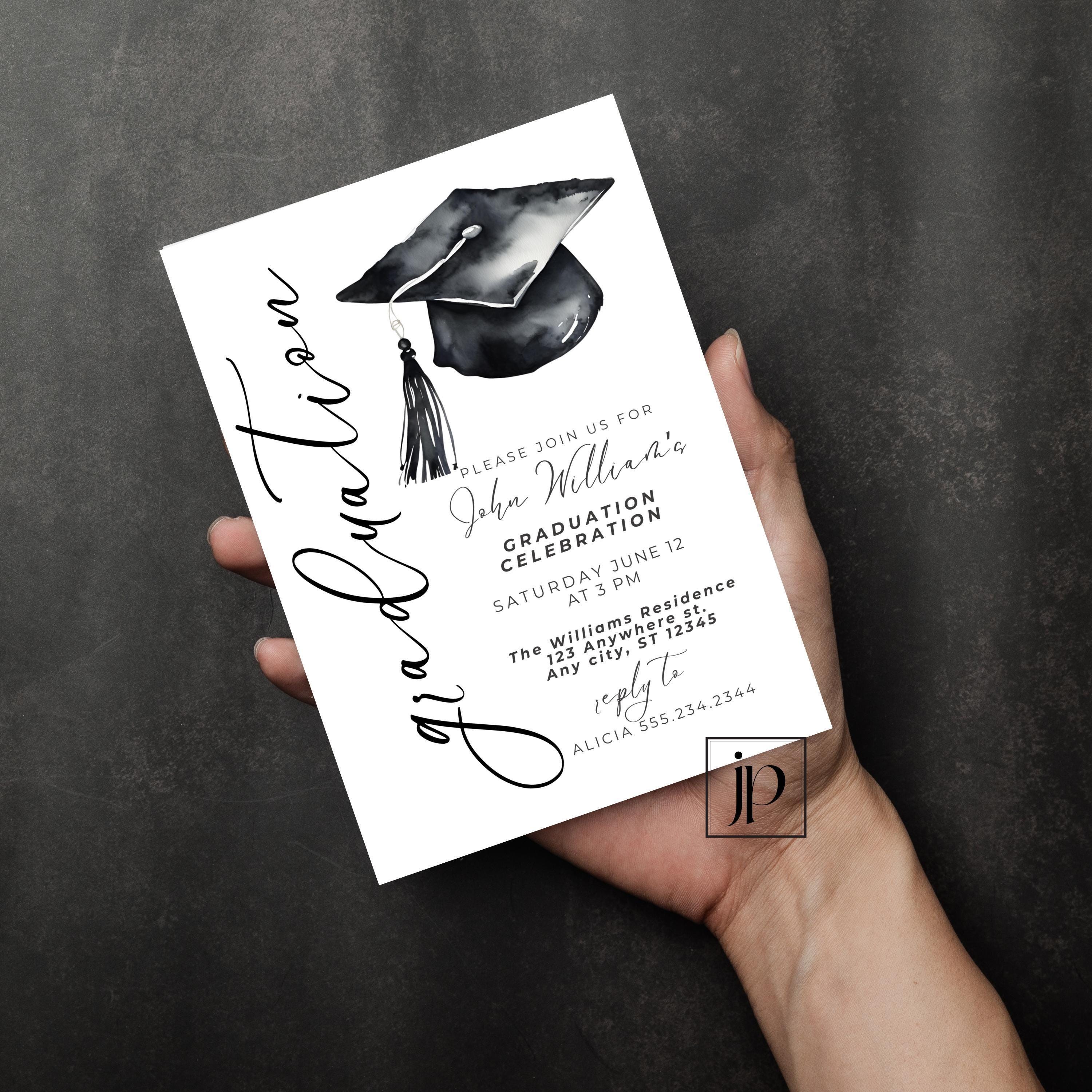 Black Graduation Cap Invitation Girls High School Grad Invite Template ...