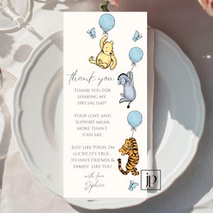 May include: Thank you card with Winnie the Pooh and friends. The card features a blue, yellow, and orange color scheme with a white background. The text reads "Thank you for sharing my special day! Your love and support mean more than I can say. Just like Pooh, I'm lucky, it's true... to have friends & family like you. With love, Sophia."