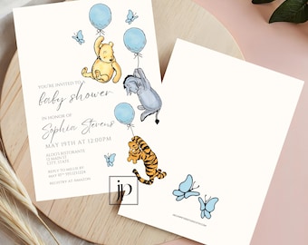Blue Pooh Baby Shower Invite Editable Classic Winnie The Pooh & Friends Invitation Template Classic Boy Baby Shower Invite Digital Download