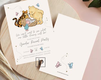 Classic Pooh & Friends Gender Reveal Party Invite Vintage What Will Our Little Hunny Be Invitation Template Editable Canva Digital Download