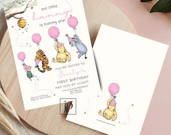 Classic Pooh 1st Birthday Invite Girls Pink Winnie The Pooh Party Invitation Template Editable Our Little Hunny Turning One Balloons Invite