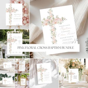 May include: A baptism stationery bundle featuring a white background with a large cross composed of pink roses and green leaves. The set includes invitations, welcome signs, table numbers, and place cards with elegant script and serif typography.