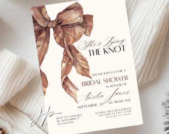 Fall Bow Bridal Shower Invite Brown She's Tying The Knot Invitation Template Autumn Bridal Brunch Invite Editable Digital Download