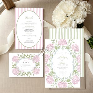 May include: A wedding stationery set featuring a details card with pink stripes, an RSVP card with a floral wreath, and an invitation with a floral border. The text includes names Madison Richards and Blake Williams, date August 6th, 2026, and venue details.