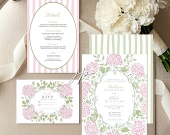 Può includere: Un set di cancelleria per matrimoni composto da una scheda dei dettagli a righe rosa, una scheda RSVP con una ghirlanda floreale e un invito con bordo floreale. Il testo include i nomi Madison Richards e Blake Williams, la data 6 agosto 2026 e i dettagli.