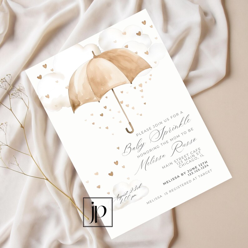 Gender neutral Editable baby sprinkle invite template with shower umbrella and hearts. Showers of love invite for canva