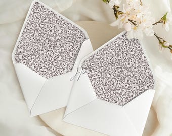 Braune Vintage-Blumenmuster-Umschlagfutter für Hochzeitseinladungen, Papeterie-Accessoires, A7, Quadratisch, US- und Euro-Formate, druckbare digitale Sofort-Download-Vorlage