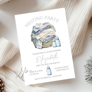 Boy Nesting Party Invite Template Baby Prep the Nest Invitation Editable Watercolor Baby Clothes Laundry Basket & Bottle Digital Download