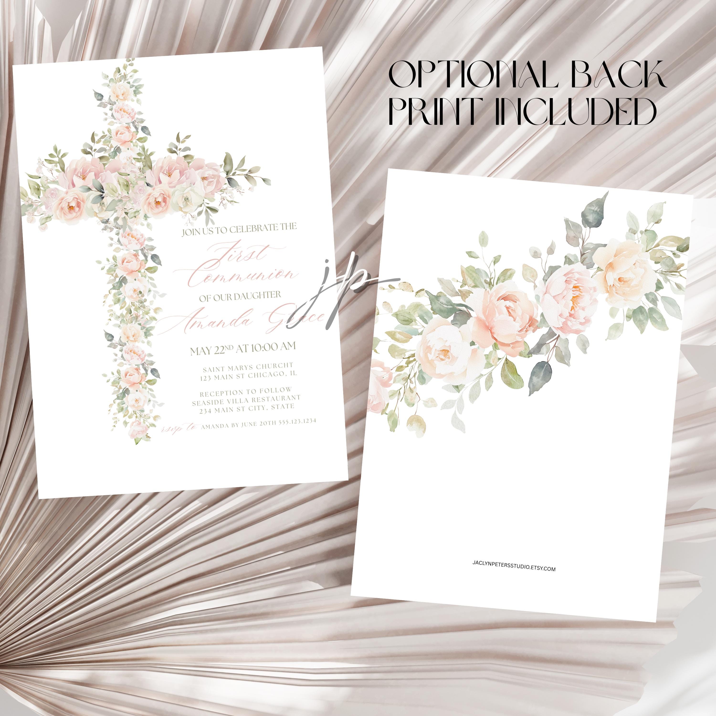 Girls Floral Cross Communion Invite Editable Pink and Sage Flowers ...