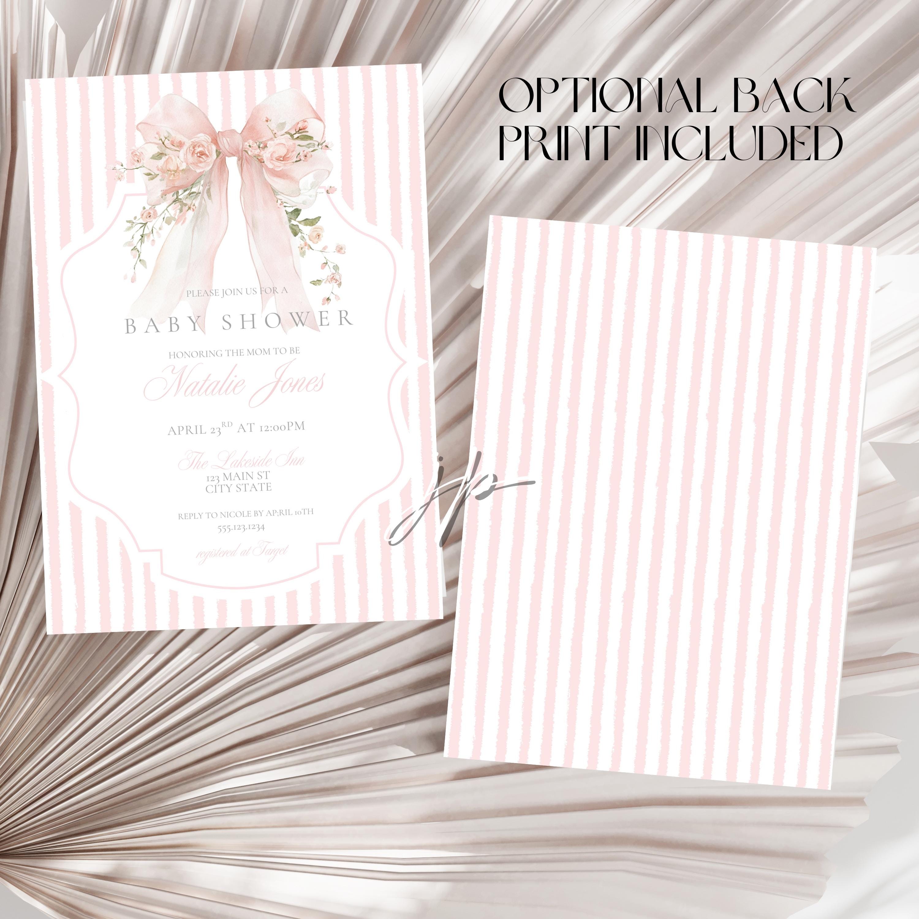 Pink Floral Bow Baby Shower Bundle Editable Girl Vintage Stripes Invite ...