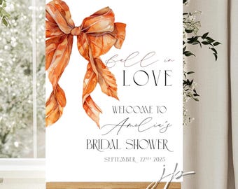 Fall In Love Welcome Sign Orange Bow Bridal Shower Decor Editable Leaves Welcome Board Template Autumn Bridesmaids Luncheon Sign for Canva