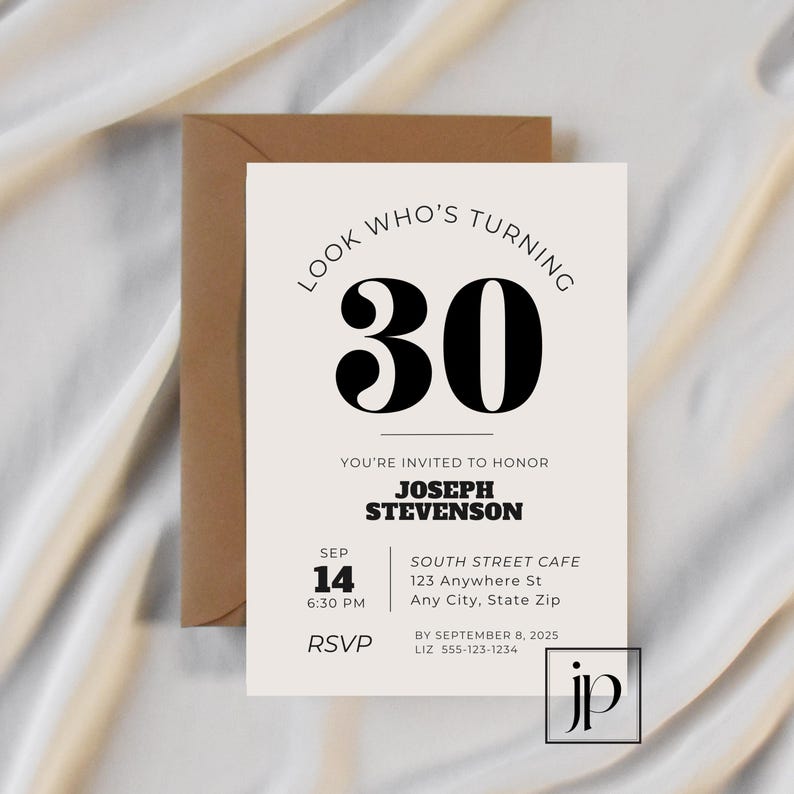 Men’s Modern 30th Birthday Invitation Editable Minimalist 50th Party Invite Template 40th Adult Birthday Digital Download for Canva image 4