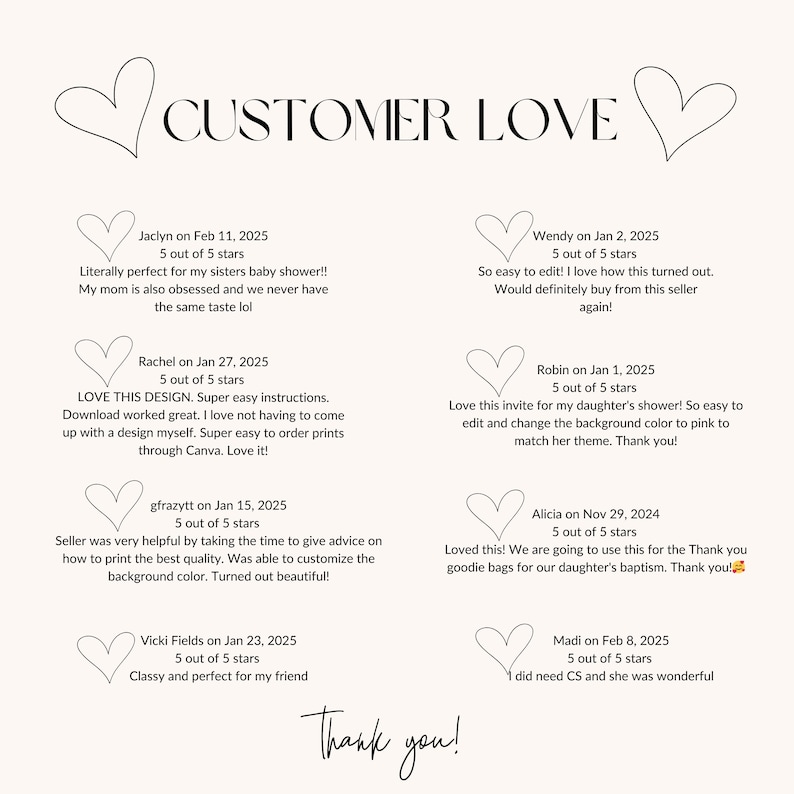 a thank card for a customer with hearts on it