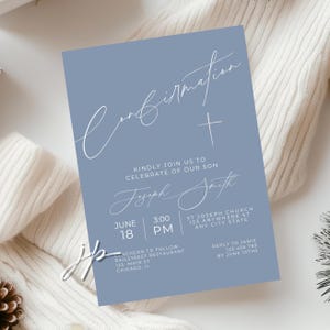 Dusty Blue Confirmation Invitation Boys Modern Invite Template Editable Minimalist Confirmation Party Invite for Canva Digital Download