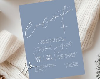 Dusty Blue Confirmation Invitation Boys Modern Invite Template Editable Minimalist Confirmation Party Invite for Canva Digital Download