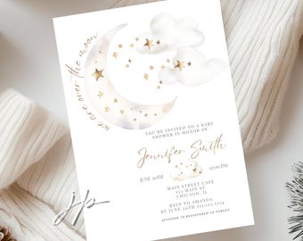 Over The Moon Baby Shower Invite Watercolor Celestial Stars and Clouds Template Editable Gender-Neutral White & Gold Invite Digital Download