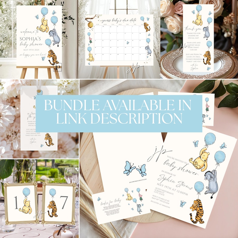 Pooh Baby Shower Thank You Card Classic Winnie the Pooh and Friends Table Decor Editable Blue 1st Birthday Balloons Thank You Template Canva image 5