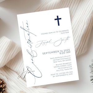 Boys Confirmation Invite Modern Navy Blue and White Invitation Editable Minimalist Confirmation Party Template for Canva Digital Download image 1