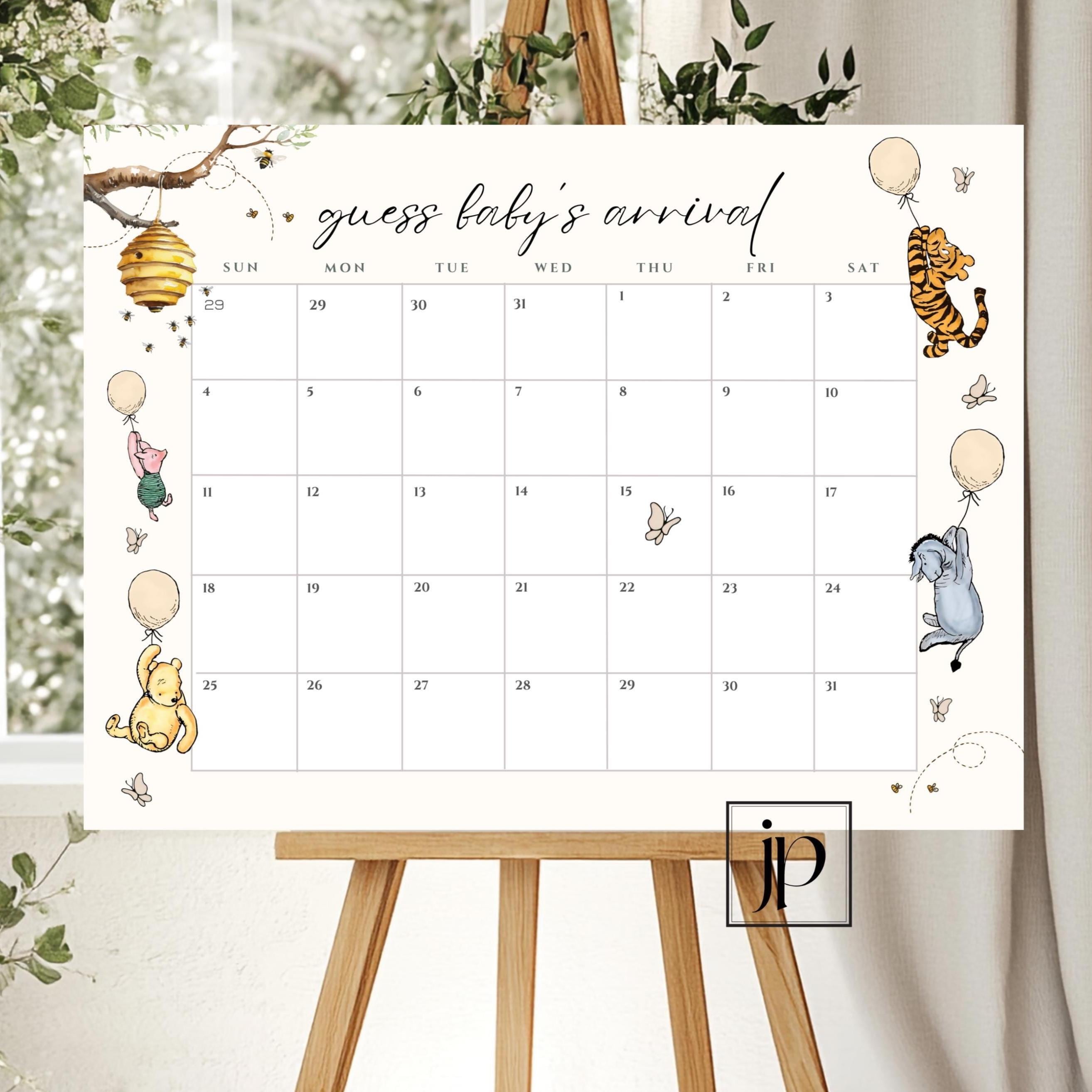 Vintage Pooh Due Date Calendar Editable Winnie The Pooh & Friends Baby Shower Game Guess Baby's Arrival Gender Neutral Reveal Party Template
