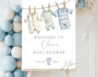 Willkommensschild für Babykleidung (Jungen), Salbeigrün & Blau, Babyparty-Deko im Boho-Stil, Vorlage für den Eingang zum Brunch, bearbeitbar, digitaler Download