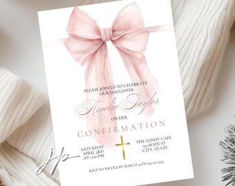Pink Bow Confirmation Invite Editable Girls Coquette Confirmation Party Invitation Gold Catholic Cross Religious Invite Template Download