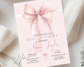 Blush Pink Bows Baby Shower Invitation Template Girl's Coquette Theme Baby Brunch Invite Editable Watercolor Digital Download