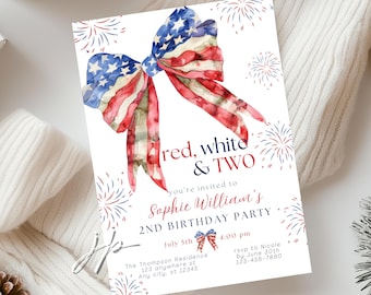 Red White and Two Birthday Invite Girls Coquette Bow 2nd Birthday Party Invitation Editable Stars & Stripes July 4th Canva Digital Download