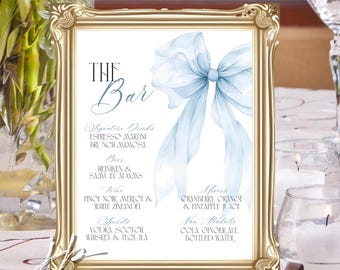 Blue Bow Bridal Shower Bar Sign Template Editable She's Tying the Knot Signature Drink Menu Baby Boy Brunch Cocktail Sign Canva Download