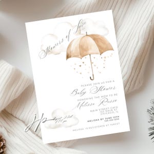 Umbrella Baby Shower Invitation Editable Showers of Love Baby Brunch Invite Template Gender Neutral White Clouds Sprinkle Digital Download