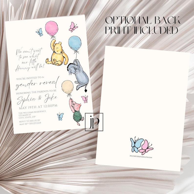 May include: Gender reveal invitation featuring Winnie the Pooh characters with balloons. The invitation includes text that reads "We can't wait to see what our little Hunny will be!" and details for the event.