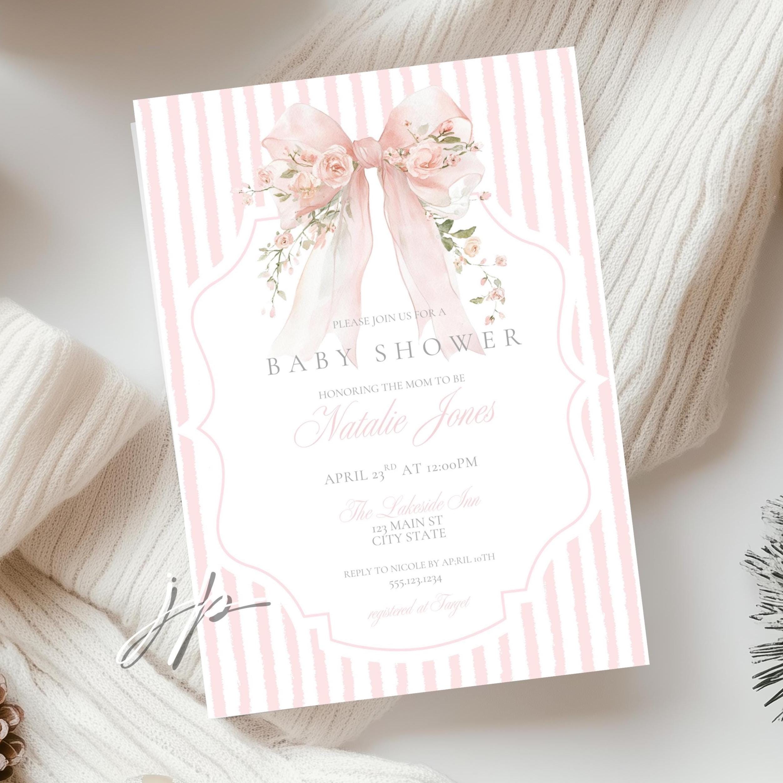 Pink Floral Bow Baby Shower Bundle Editable Girl Vintage Stripes Invite ...