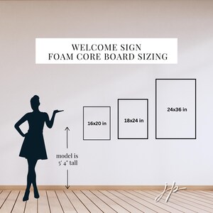 May include: A sizing chart for foam core welcome signs featuring three rectangular outlines labeled 16x20 in, 18x24 in, and 24x36 in. A silhouette of a person stands next to a vertical arrow labeled model is 5' 4" tall. Text reads WELCOME SIGN FOAM CORE BOARD SIZING.