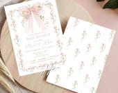 Pink Flower Bow Baby Shower Invite Template Girls Vintage Blush Roses and Greenery Invitation Editable Grandmillennial Floral Baby Brunch