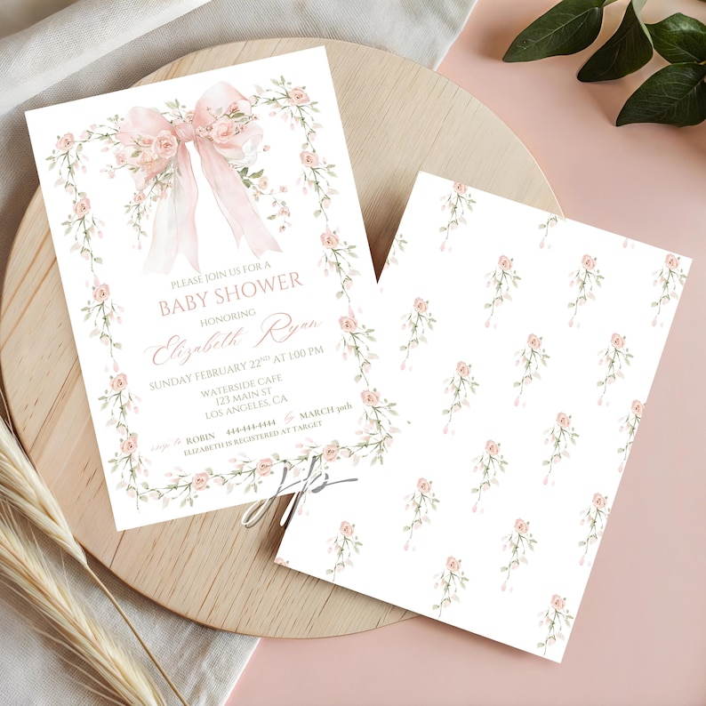 Pink Flower Bow Baby Shower Invite Template Girls Vintage Blush Roses ...