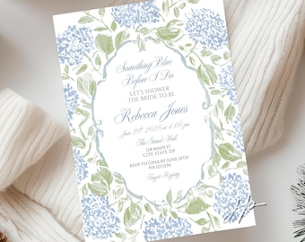 Something Blue Hydrangea Bridal Shower Invitation Grandmillennial Floral Bridal Brunch Invite Template Vintage Green Stripe Digital Download