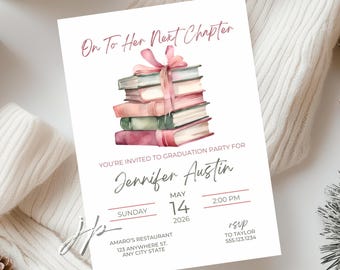 Editable Her Next Chapter Graduation   Invitation Template Story Book Theme High School Grad Party Invite College Graduation Canva Download