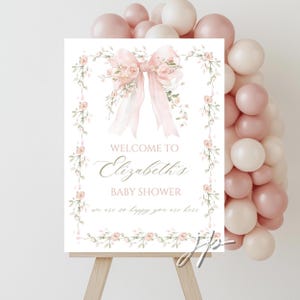 Floral Pink Bow Baby Shower Welcome Sign Template Girls Vintage Roses Shower Entrance Decor for Canva Editable Grandmillennial Welcome Board