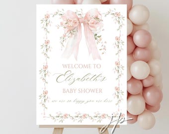Floral Pink Bow Baby Shower Welcome Sign Template Girls Vintage Roses Shower Entrance Decor for Canva Editable Grandmillennial Welcome Board